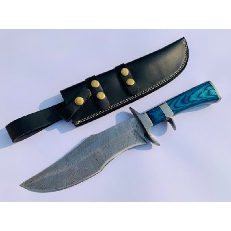 Handmade Damascus Steel Hunting Bowie Knife Wood Handle With Leather Sheathe Gift For USA Fathers Day Gift For Men 0