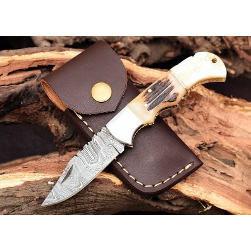 Handmade Damascus Steel Pocket Knife Stag Horn Handle With Leather Sheathe Gift For USA Fathers Day Gift For Men 0