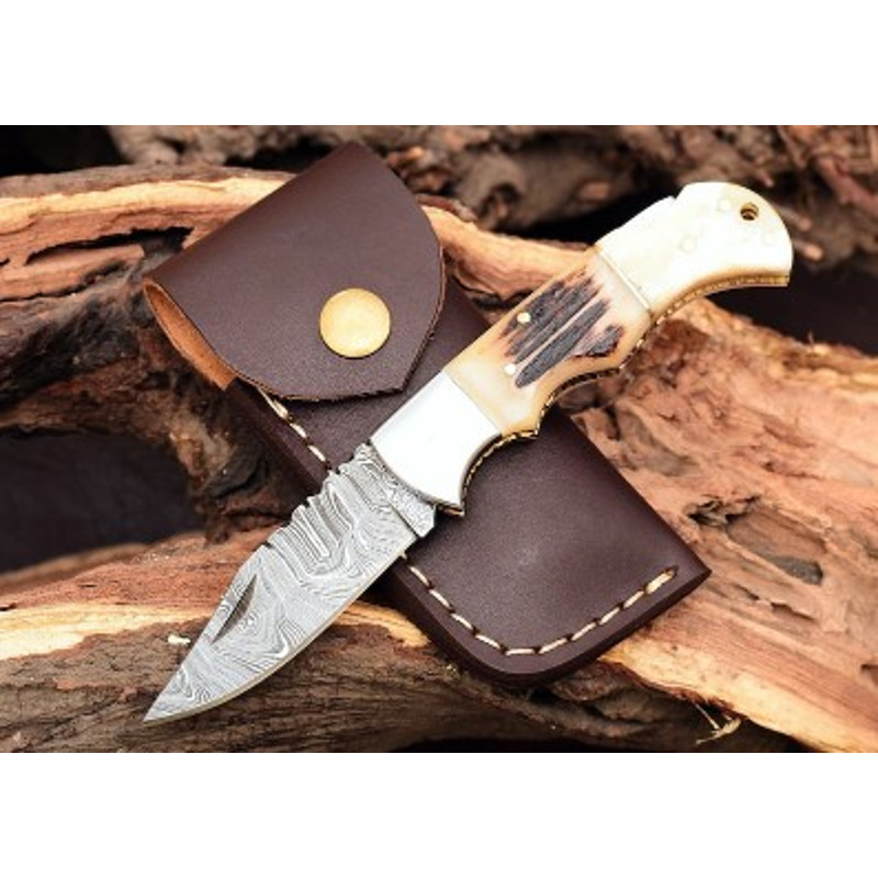 Handmade Damascus Steel Pocket Knife Stag Horn Handle With Leather Sheathe Gift For USA Fathers Day Gift For Men 0