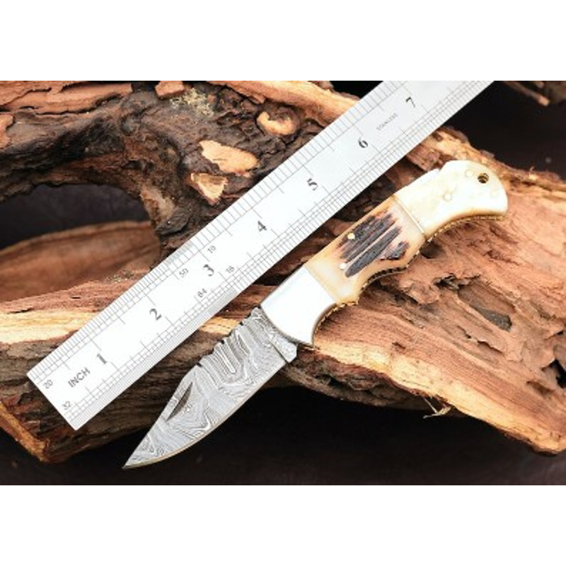 Handmade Damascus Steel Pocket Knife Stag Horn Handle With Leather Sheathe Gift For USA Fathers Day Gift For Men 5