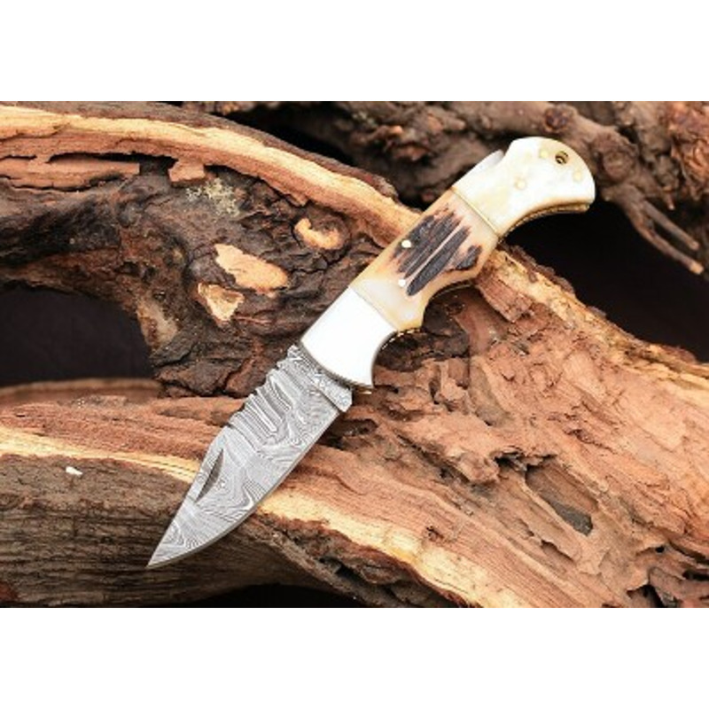 Handmade Damascus Steel Pocket Knife Stag Horn Handle With Leather Sheathe Gift For USA Fathers Day Gift For Men 4