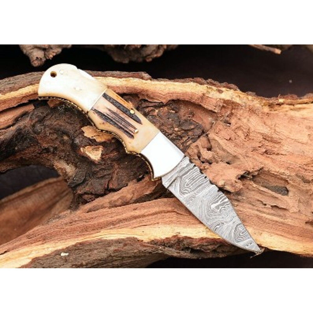Handmade Damascus Steel Pocket Knife Stag Horn Handle With Leather Sheathe Gift For USA Fathers Day Gift For Men 6