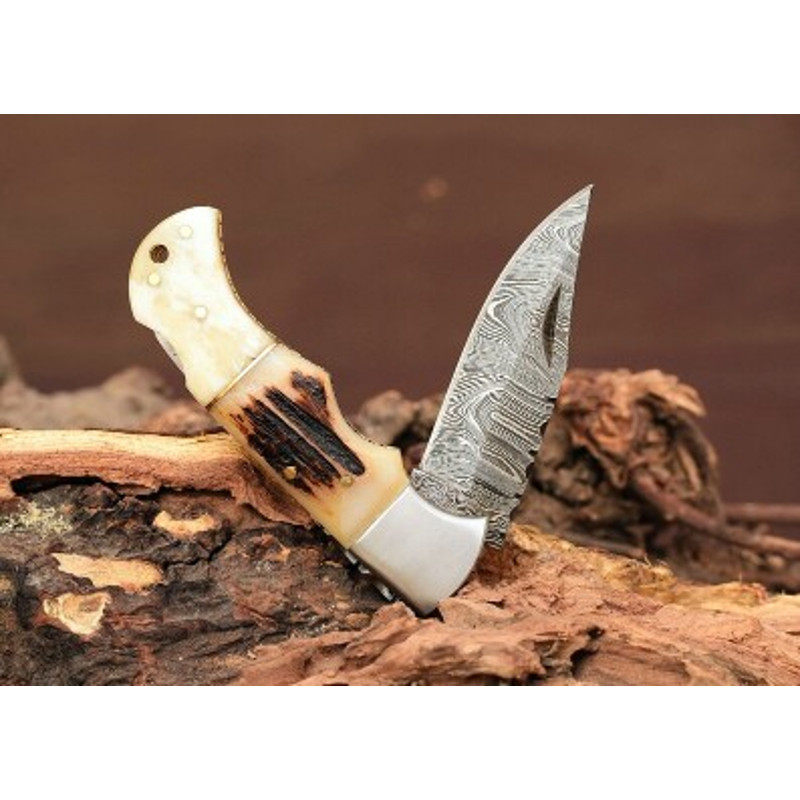 Handmade Damascus Steel Pocket Knife Stag Horn Handle With Leather Sheathe Gift For USA Fathers Day Gift For Men 2