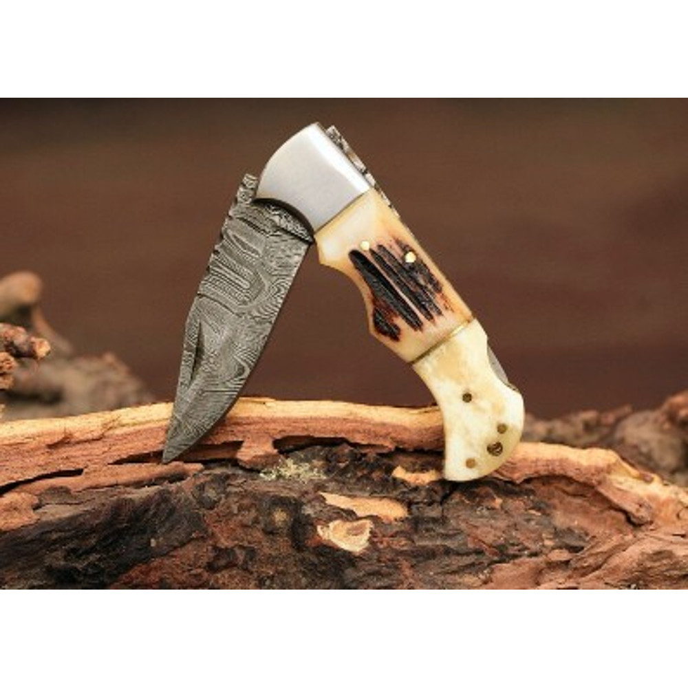 Handmade Damascus Steel Pocket Knife Stag Horn Handle With Leather Sheathe Gift For USA Fathers Day Gift For Men 1