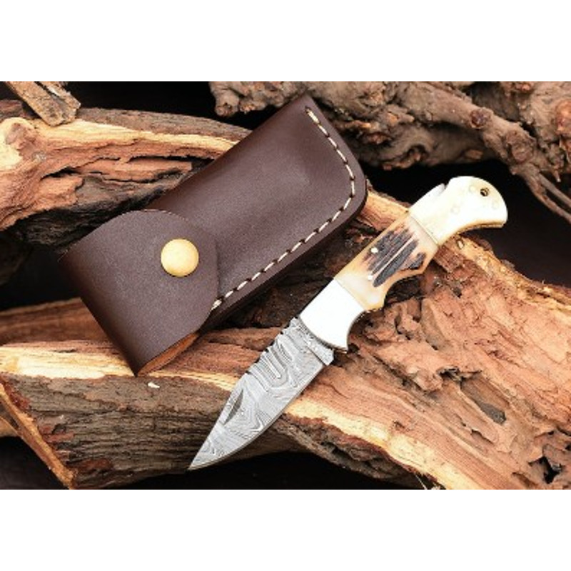 Handmade Damascus Steel Pocket Knife Stag Horn Handle With Leather Sheathe Gift For USA Fathers Day Gift For Men 3