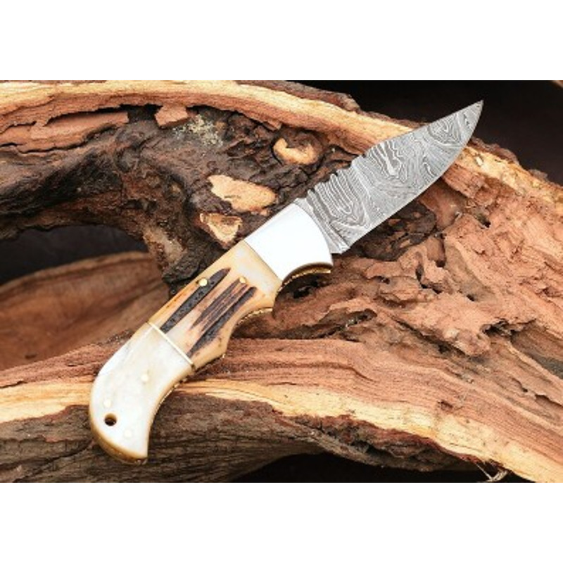 Handmade Damascus Steel Pocket Knife Stag Horn Handle With Leather Sheathe Gift For USA Fathers Day Gift For Men 7