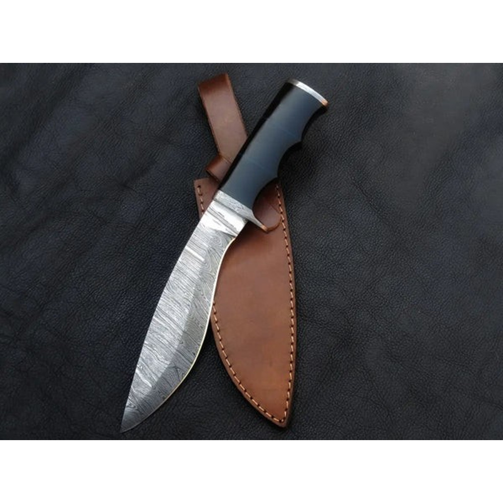 Handmade Damascus Steel Bowie Knife Buffalo Horn Handle With Leather Sheathe Gift For USA Fathers Day Gift For Men 0