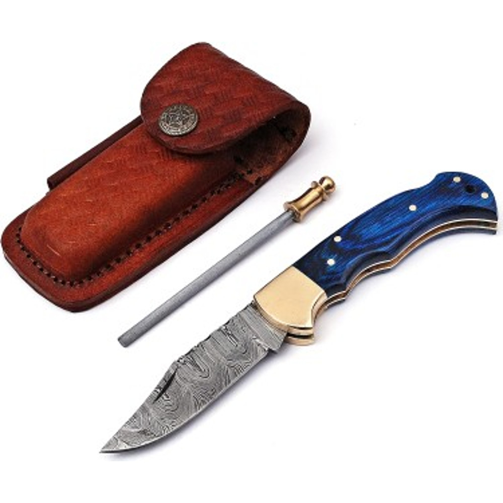 Handmade Damascus Steel Pocket Knife Dollar Sheathe Brass Handle With Leather Sheathe Gift For USA 0