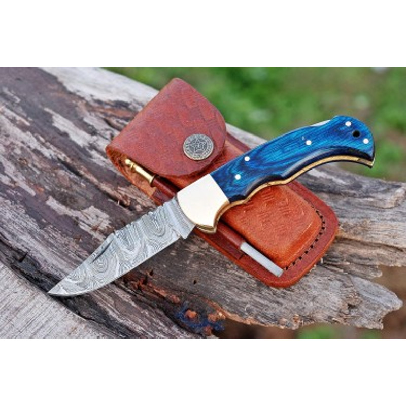Handmade Damascus Steel Pocket Knife Dollar Sheathe Brass Handle With Leather Sheathe Gift For USA 5