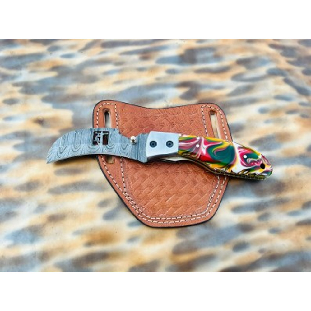 Handmade Damascus Steel Pocket Knife Resin Handle With Leather Sheathe Gift For USA Fathers Day Gift For Men Groomsman 1