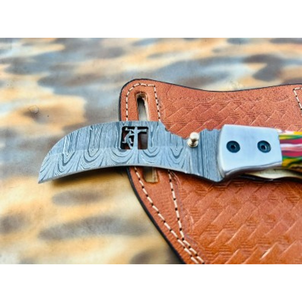 Handmade Damascus Steel Pocket Knife Resin Handle With Leather Sheathe Gift For USA Fathers Day Gift For Men Groomsman 2