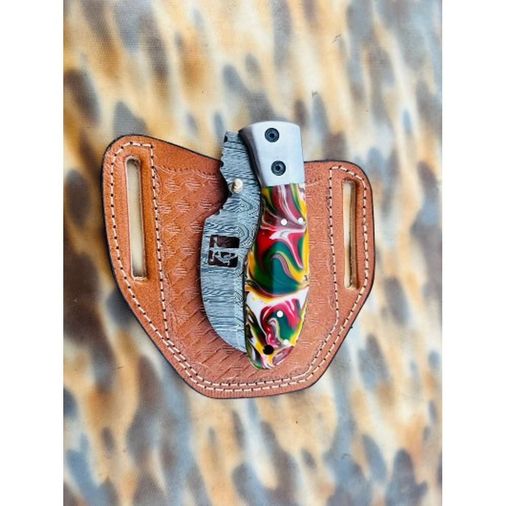 Handmade Damascus Steel Pocket Knife Resin Handle With Leather Sheathe Gift For USA Fathers Day Gift For Men Groomsman 3