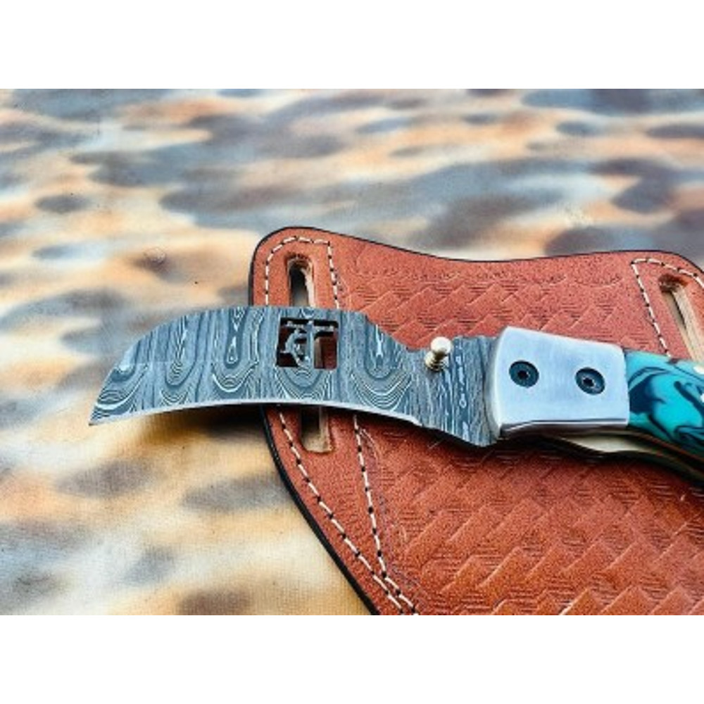Handmade Damascus Steel Folding Knife Resin Handle With Leather Sheathe Gift For USA Fathers Day Gift For Men Groomsman 1
