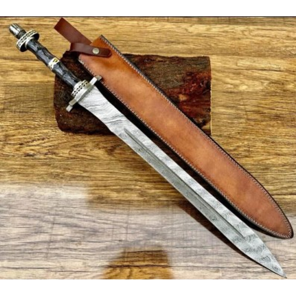 Handmade Damascus Steel Sword Viking Sword Wood Brass Handle With Leather Sheathe Gift For USA Fathers Day Gift 0