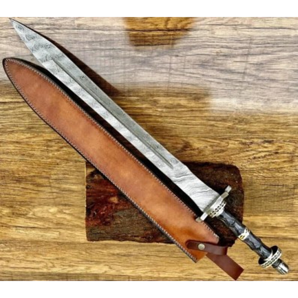 Handmade Damascus Steel Sword Viking Sword Wood Brass Handle With Leather Sheathe Gift For USA Fathers Day Gift 2