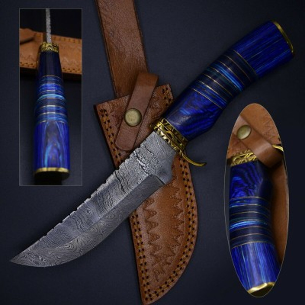 Handmade Damascus Steel Bowie Knife Wood Brass Handle With Leather Sheathe Gift For USA Fathers Day Gift For Men 0