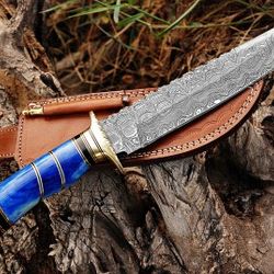 handmade damascus steel hunting knife wood & brass clip handle with leather sheathe gift for usa father's day gift