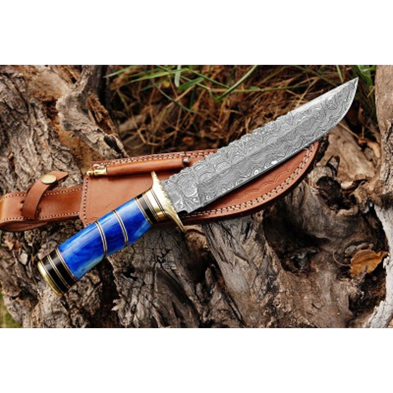 Handmade Damascus Steel Hunting Knife Wood Brass Clip Handle With Leather Sheathe Gift For USA Fathers Day Gift 0