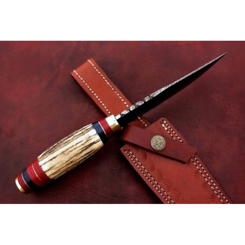Handmade Damascus Steel Skinner Knife Stag Horn  Brass Clip Handle With Leather Sheathe Gift For USA Fathers Day Gift 3