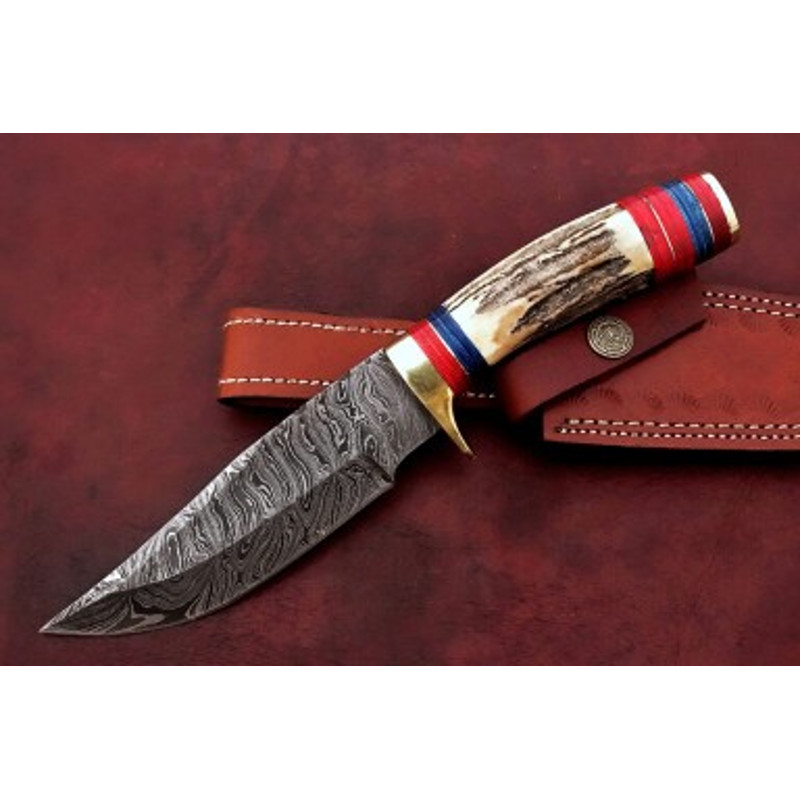 Handmade Damascus Steel Skinner Knife Stag Horn  Brass Clip Handle With Leather Sheathe Gift For USA Fathers Day Gift 5
