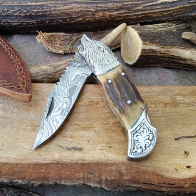 Handmade Damascus Steel Pocket Knife Stag Horn Handle With Leather Sheathe Gift For USA For Men Groom 0