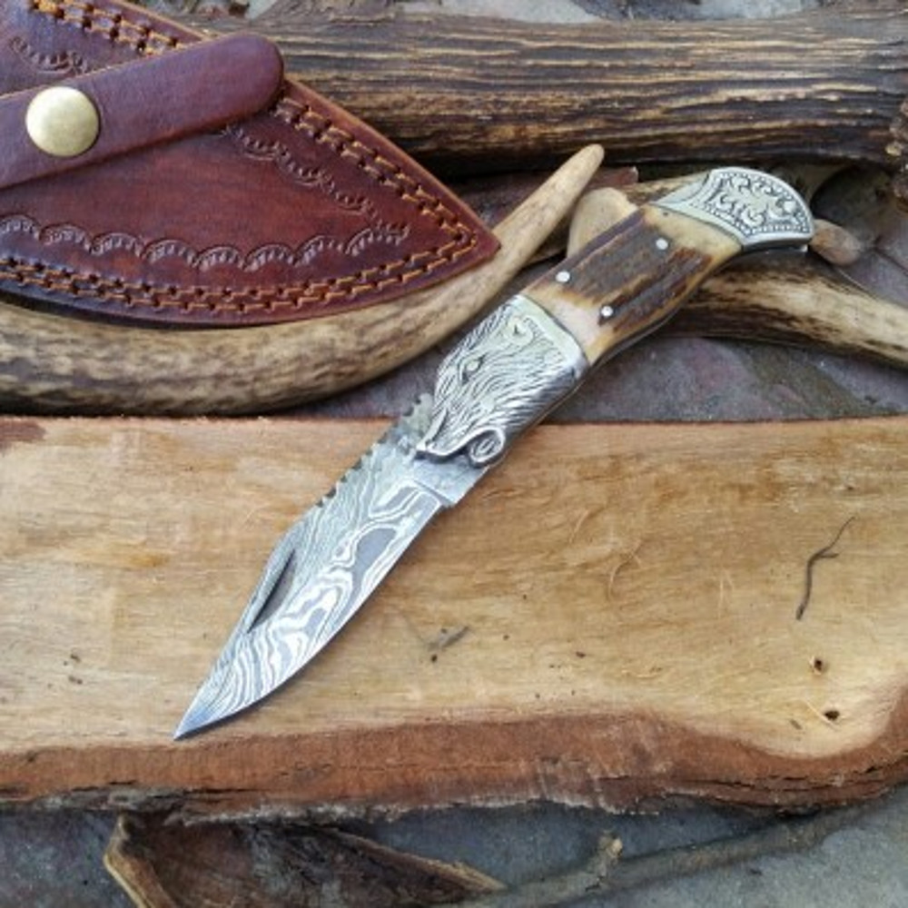 Handmade Damascus Steel Pocket Knife Stag Horn Handle With Leather Sheathe Gift For USA For Men Groom 5