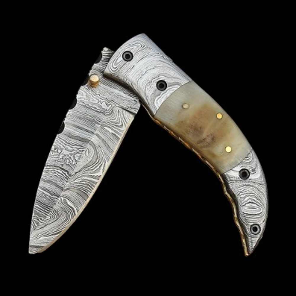 Handmade Damascus Steel Pocket Knife Stag Horn Handle With Leather Sheathe Personalized Gift Wedding Anniversary Gift 1
