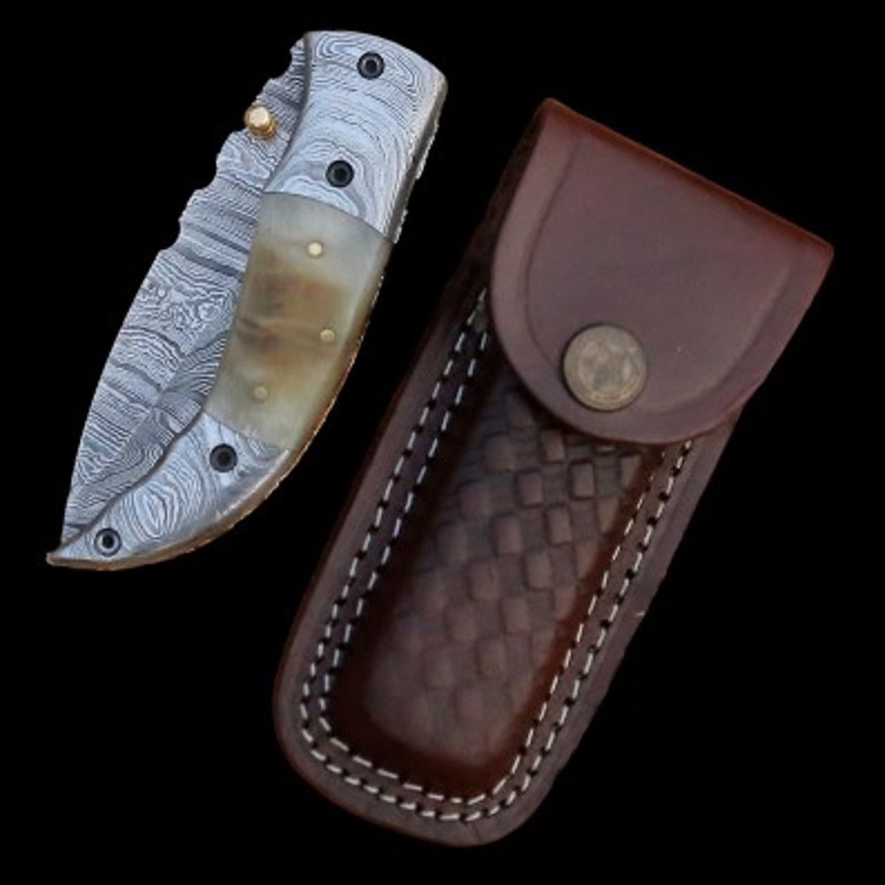 Handmade Damascus Steel Pocket Knife Stag Horn Handle With Leather Sheathe Personalized Gift Wedding Anniversary Gift 0