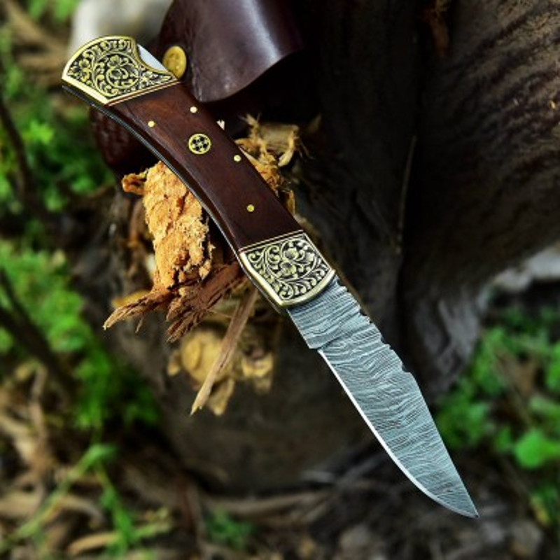 Handmade Damascus Steel Pocket Knife Wood Brass Handle With Leather Sheathe Gift For USA Fathers Day Gift For Men 1