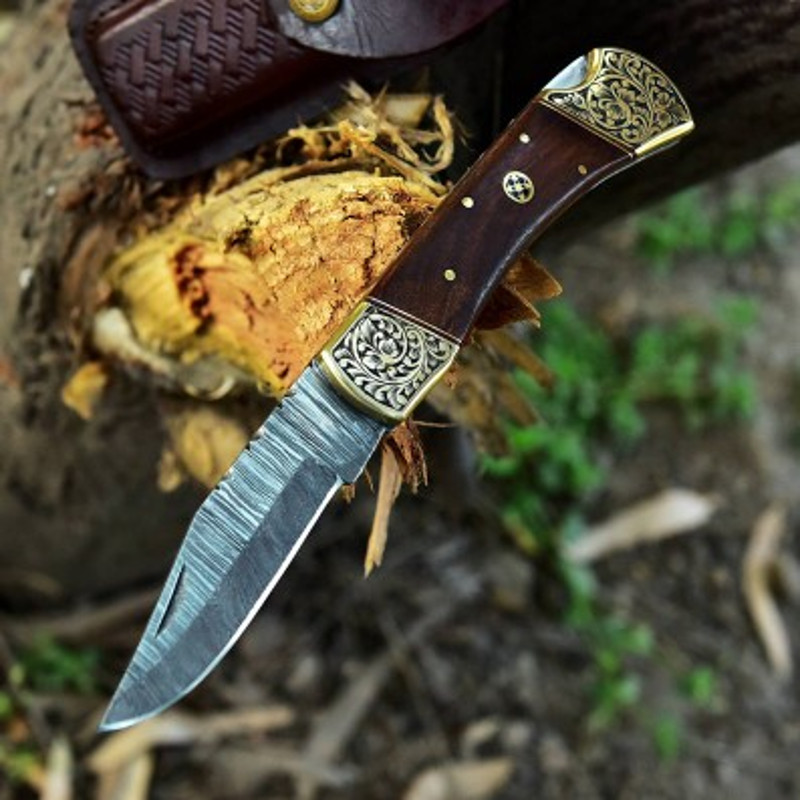 Handmade Damascus Steel Pocket Knife Wood Brass Handle With Leather Sheathe Gift For USA Fathers Day Gift For Men 2