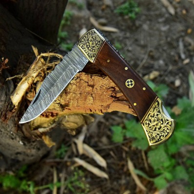 Handmade Damascus Steel Pocket Knife Wood Brass Handle With Leather Sheathe Gift For USA Fathers Day Gift For Men 0