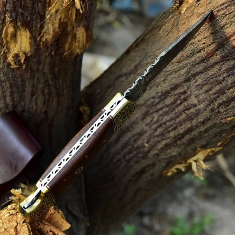 Handmade Damascus Steel Pocket Knife Wood Brass Handle With Leather Sheathe Gift For USA Fathers Day Gift For Men 3