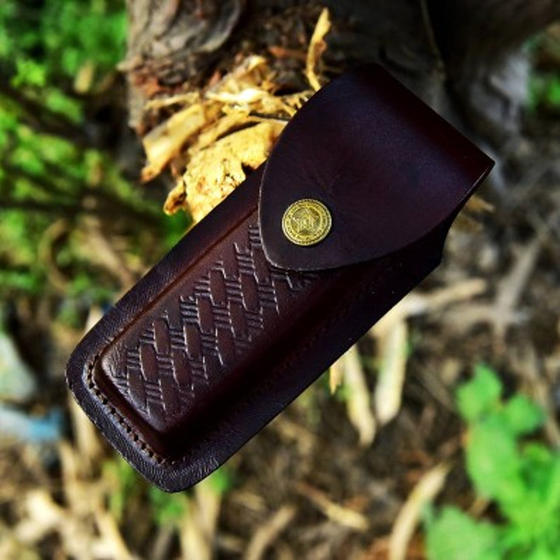 Handmade Damascus Steel Pocket Knife Wood Brass Handle With Leather Sheathe Gift For USA Fathers Day Gift For Men 4