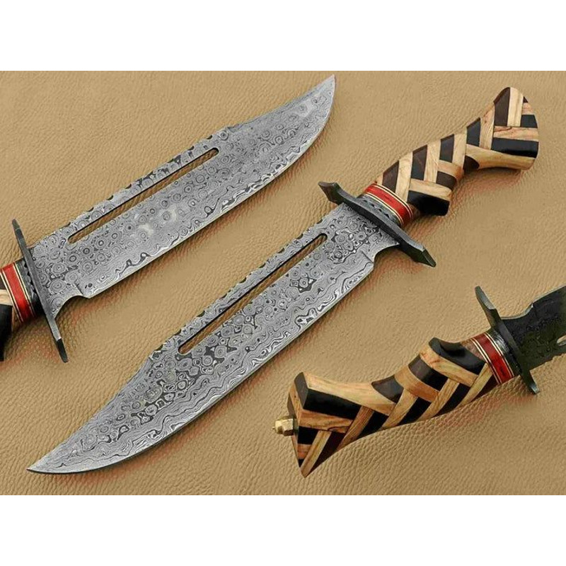 Handmade Damascus Steel Hunting Knife Bowie Knife 13 Inch Long Knife Olive Wood Handel With Leather 0