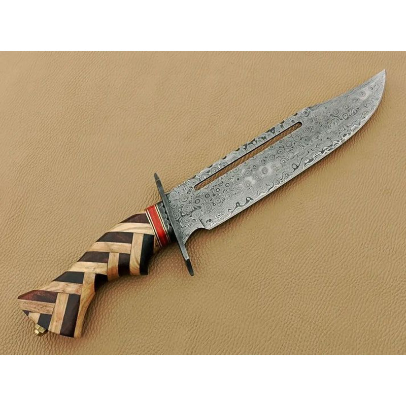 Handmade Damascus Steel Hunting Knife Bowie Knife 13 Inch Long Knife Olive Wood Handel With Leather 1