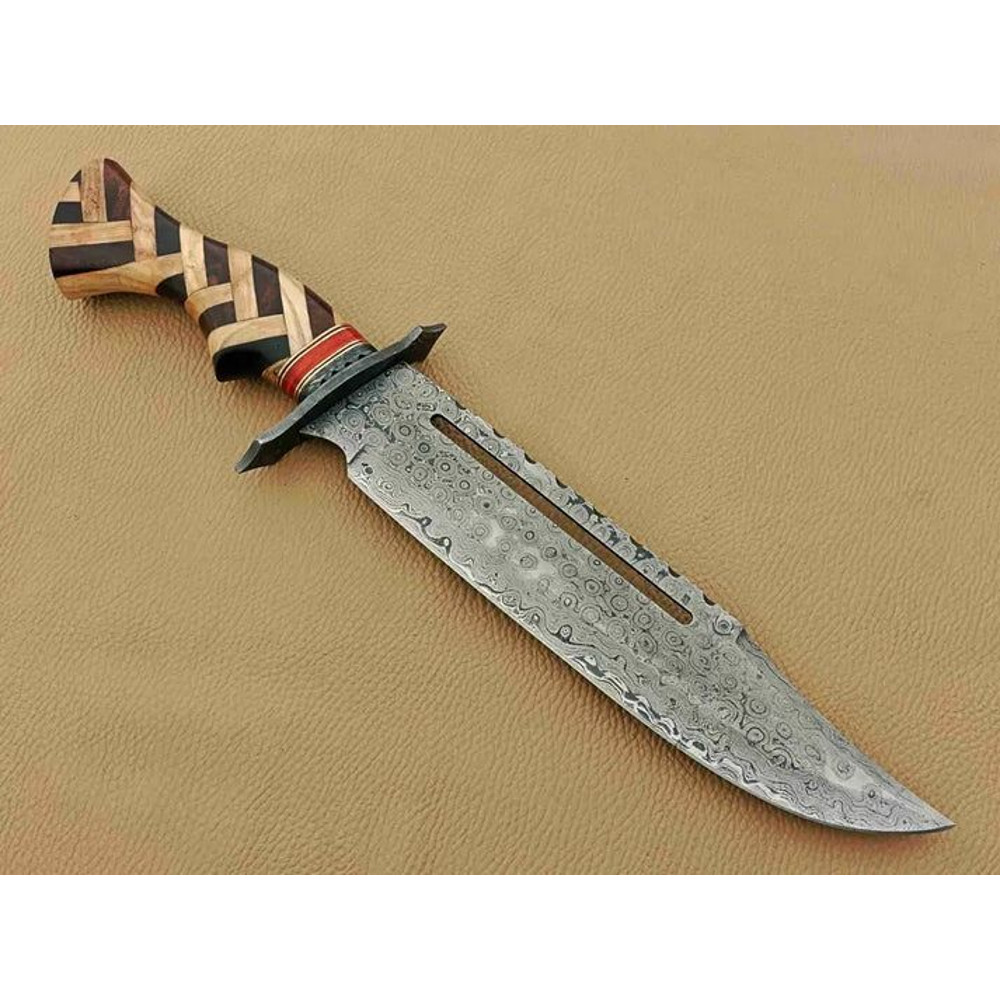 Handmade Damascus Steel Hunting Knife Bowie Knife 13 Inch Long Knife Olive Wood Handel With Leather 2