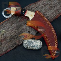 beautiful handmade damascus karambit knife handle made of camel bone and buffalo horn, comes with pure leather sheath