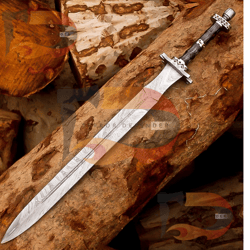 hand forged damascus steel viking sword, handmade medieval sword with leather sheath. best warrior damascus sword