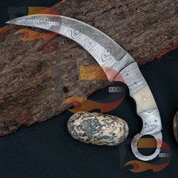 best custom handmade beautiful handmade damascus hunting karambit knife handle made of camel and damascus , comes with p