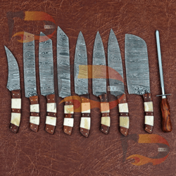 handmade damascus chef set of 9pcs,damascus knife set,damascus chef knife,full kitchen knife set, chef set with sheath