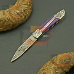 custom hand made damascus blade folding liner lock pocket knife , with beautiful handle grip ,best gift for him