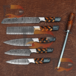 handmade damascus chef set of 6pcs,damascus knife set,damascus chef knife,full kitchen knife set, chef set,personalized