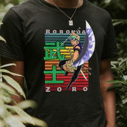 roronoa zoro pirate hunter one piece wan pisu retro style anime unisex t-shirt