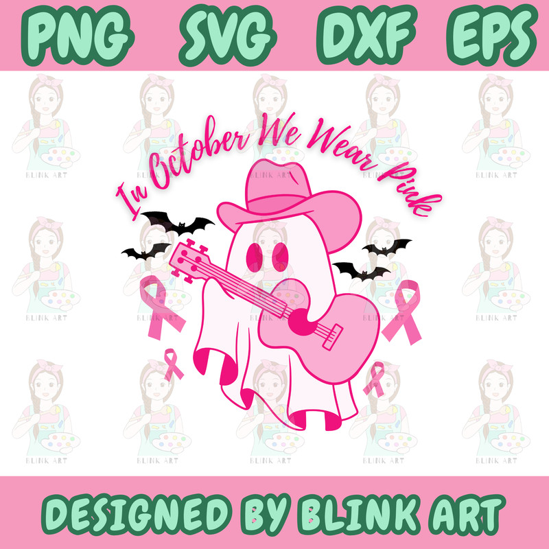 In October We Wear Pink Ghost SVG PNG Breast Cancer Awareness Svg Cute Halloween Pink Ghost Png Ghost Ribbon 0