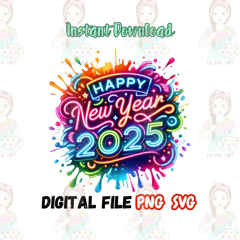 Happy New Year 2025 Png Sublimation Design Colorful Neon Png Holiday Png Trendy Png 0