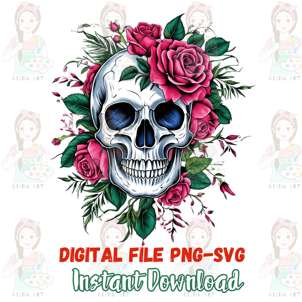 Gothic Skull With Flowers Vintage Boho Skull Clipart Tattoo Skull Design For TShirt Pngsvg 0