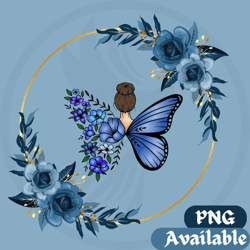 blue floral fairy clipart - butterfly wing girl png for crafts, sublimation, and decor.