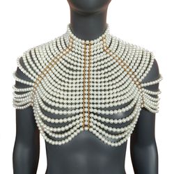 ivory pearl cape,pearl accessory,pearl top, off white pearl top,body accessory,statement neckpiece,shoulder cape
