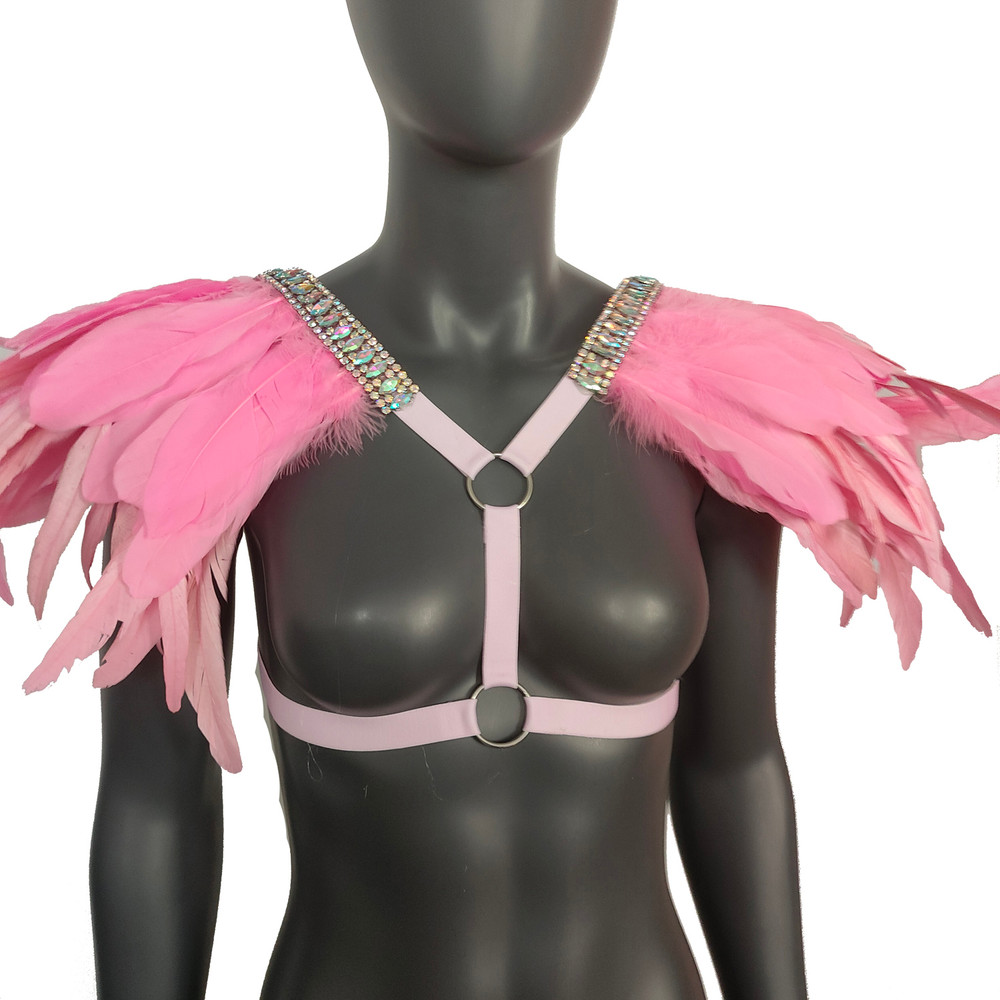 Princess Pink Fantasy Festival Outfit  Feathered ShouldersCrystal Harness Rave Wear Burning Man Cos 1