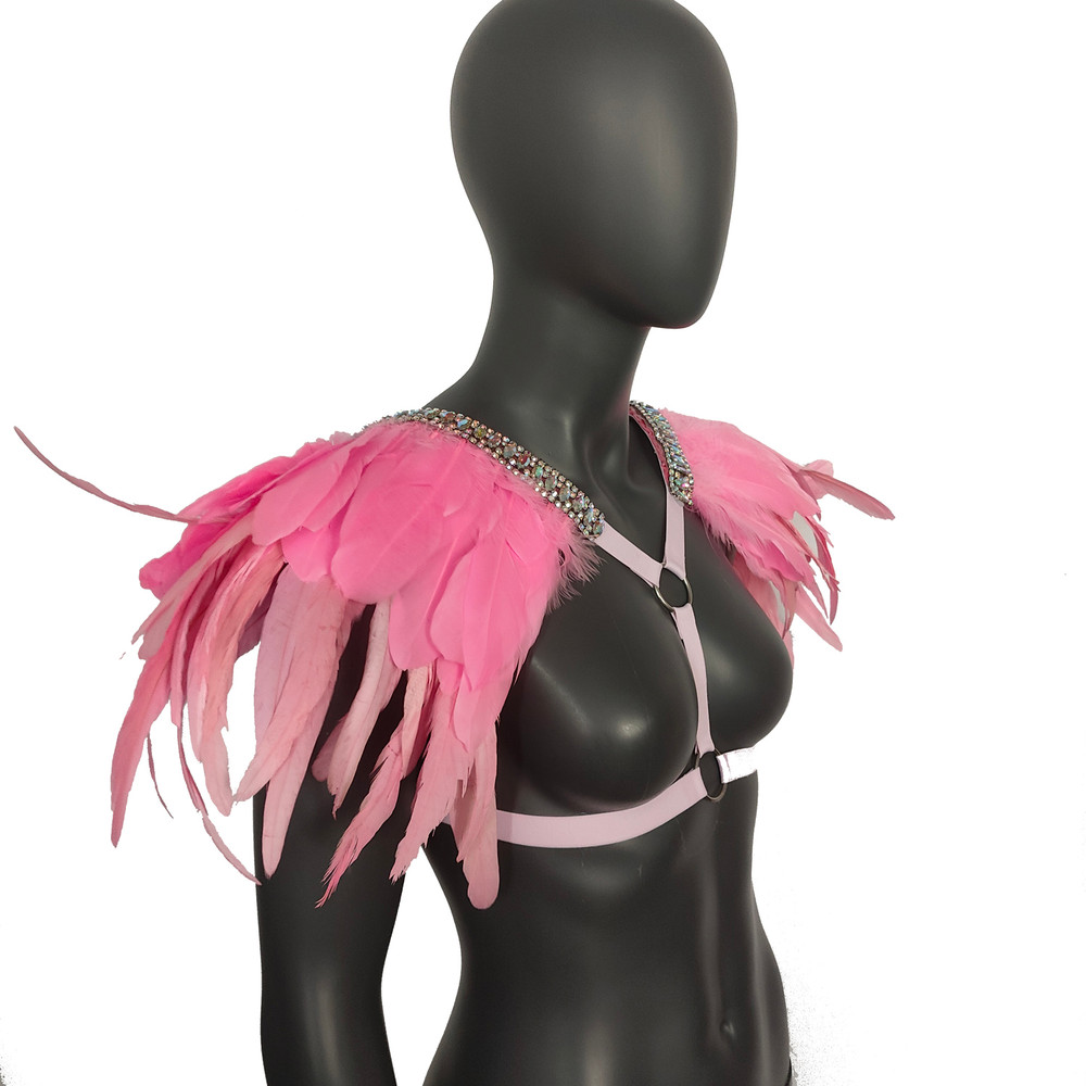 Princess Pink Fantasy Festival Outfit  Feathered ShouldersCrystal Harness Rave Wear Burning Man Cos 4